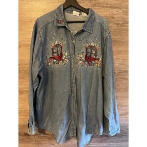 Vintage Cardinal Bird Blue’s Denim Button-Down Long Sleeve XL Embroidered